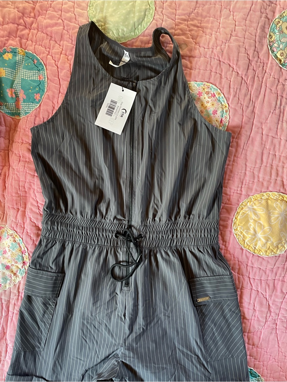 ZYIA Gray & Black Pinstripe Sleeveless Romper with Drawstring Waist